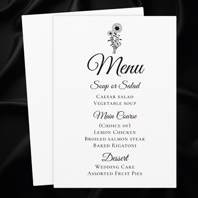 Floral Black White Minimalist Sunflower Wedding Menu (Creator Uploaded)
