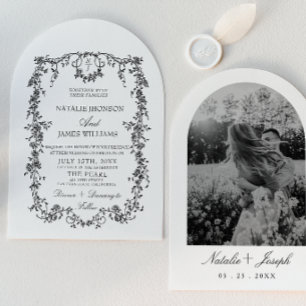 Floral Black White Monogram Photo Arched Wedding Invitation