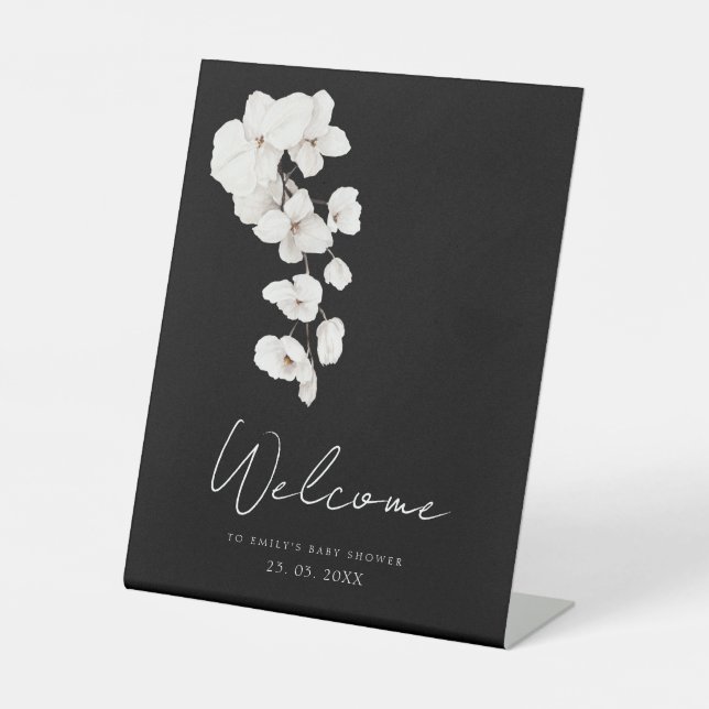 Floral Black White Orchid Baby Shower Welcome Pedestal Sign (Front)