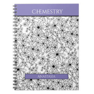 Floral Black White Purple Name School Subject Notebook