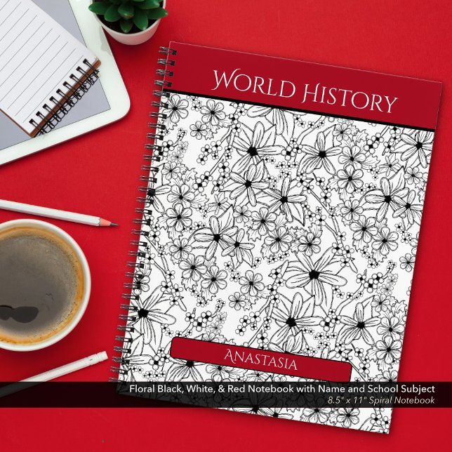 Floral Black White Red Name School Subject Notebook (Spiral School Notebook: Hand Drawn Floral Pattern in Black, White, and Red with Name and Subject)