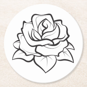 Floral Black & White Rose Flower Wedding Party Round Paper Coaster