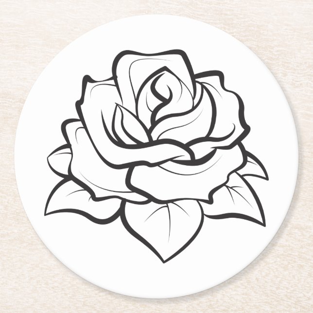 Floral Black & White Rose Flower Wedding Party Round Paper Coaster (Front)