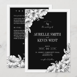 Floral Black White Rustic Details QR Wedding Invitation