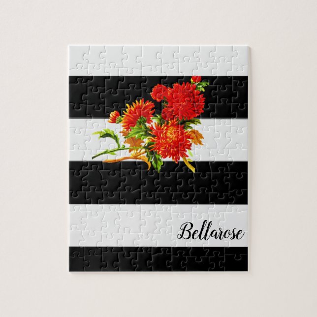 Floral Black White Stripe Jigsaw Puzzle Daisy (Vertical)