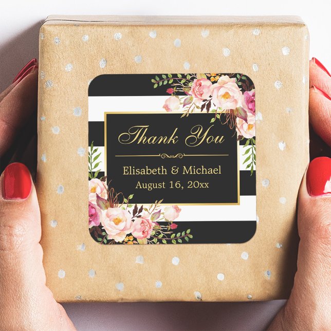 Floral Black White Striped Gold Frame Thank You Square Sticker (Creator Uploaded)