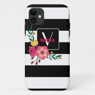 Floral - Black & White Stripes Case-Mate iPhone Case