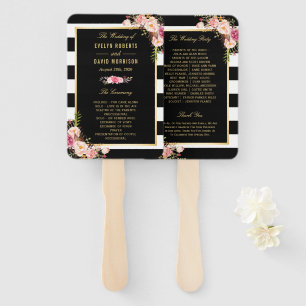 Floral Black White Stripes Classic Wedding Program Hand Fan