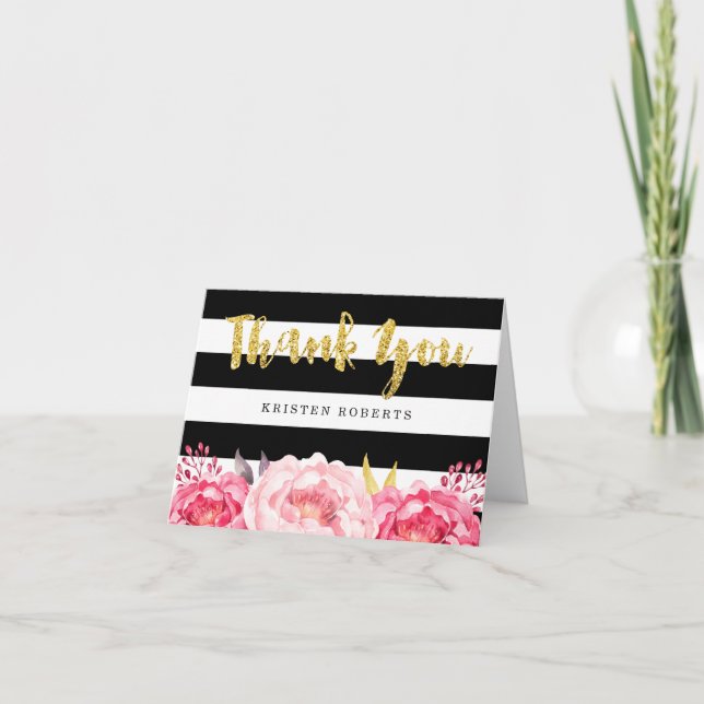 Floral Black White Stripes Gold Glitter Thank You (Front)