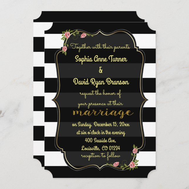 Floral Black White Stripes Gold Wedding Invitation (Front/Back)