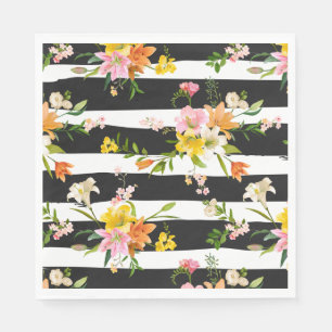 Floral Black & White Stripes Lily Flowers Orange Napkin
