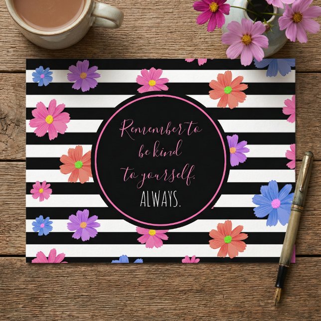 Floral Black White Stripes Motivational Quote Postcard (Creator Uploaded)