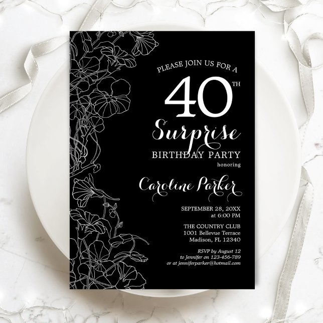 Floral Black White Surprise 40th Birthday Party Invitation (Creator Uploaded)