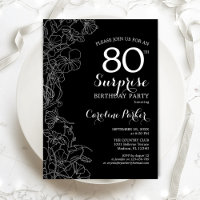 Floral Black White Surprise 80th Birthday Party
