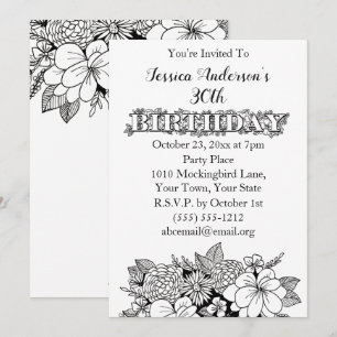 Floral Black White Thirtieth 30th Birthday Invite