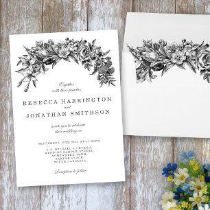 Floral Black White Vintage Wedding Invitation Card
