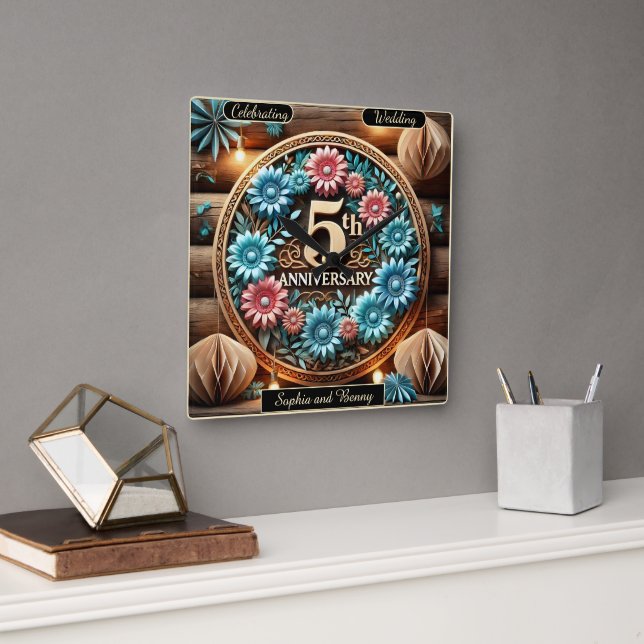 Floral Bliss: Fifth 5th Anniversary Celebration Square Wall Clock (Office)
