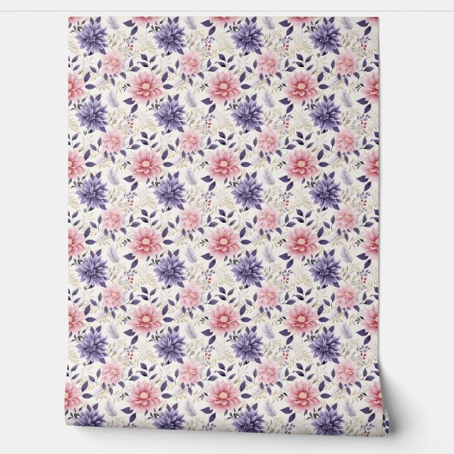 Floral Bliss Mini - Purple, Pink, Beige - Glam Wallpaper (Unrolling)