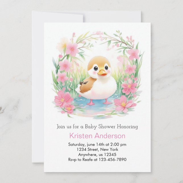 Floral Blissful Pink Duck Girl Baby Shower Invitation (Front)