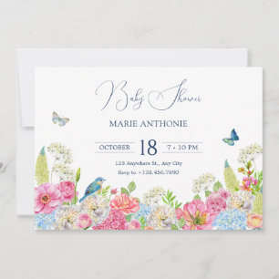 Floral Bloom blue green pink spring baby shower Invitation