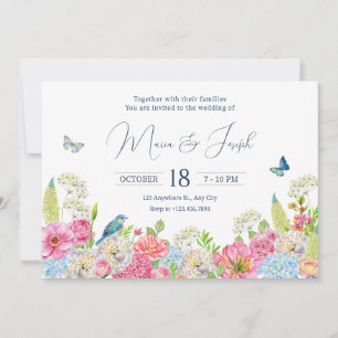 Floral Bloom blue green pink spring wedding Invitation