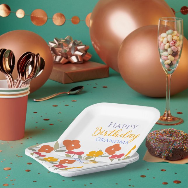 Floral Bloom Colourful Happy Birthday Grandma Part Paper Plate (Multi)