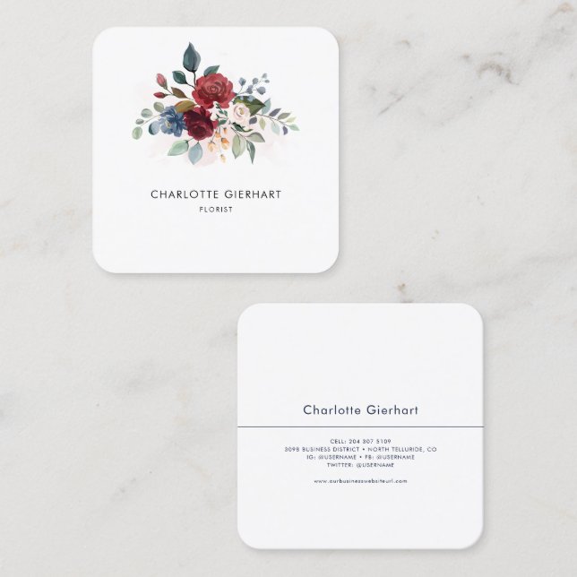 Floral Bloom Modern Professional Florist Square Business Card (Front/Back)