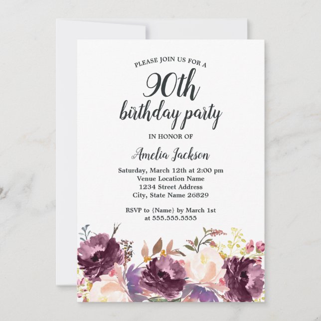 Floral Bloom Purple Watercolor 90th Birthday Party Invitation (Front)