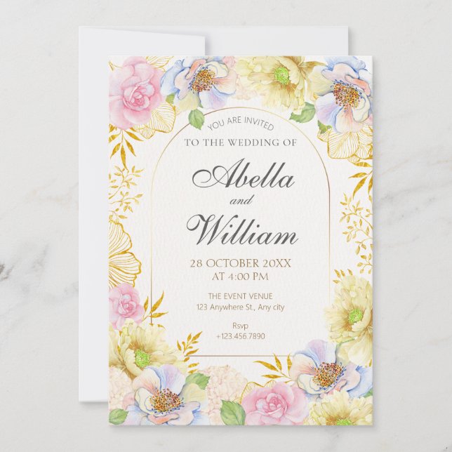 Floral bloom soft colour wedding  invitation (Front)