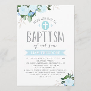 Floral Blooms Blue Baptism Invitation