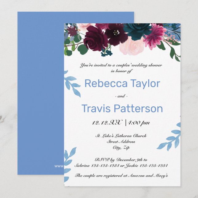 Floral Blooms Blue - Couples' Wedding Shower Invitation (Front/Back)