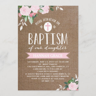 Floral Blooms Burlap Pink Baptism Invitation