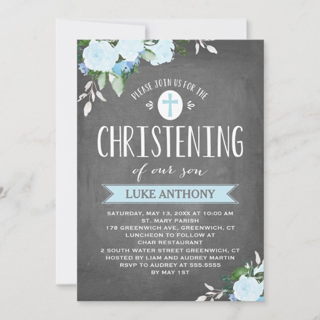 Floral Blooms Chalkboard | Christening Invitation (Front)