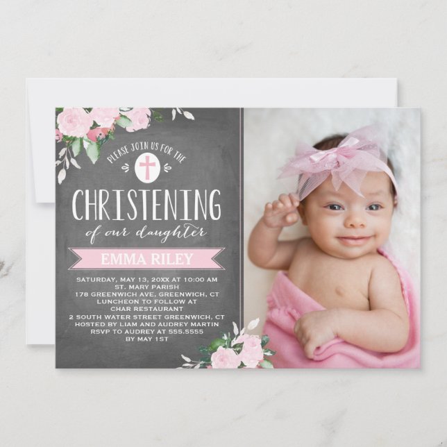 Floral Blooms Chalkboard | Christening Invitation (Front)