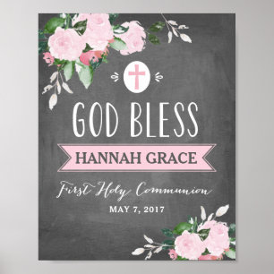 Floral Blooms Chalkboard God Bless Communion Sign