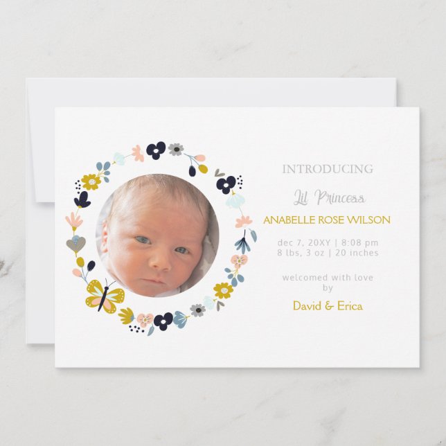 Floral Blooms Cute Girl Photo Birth Announcement (Front)