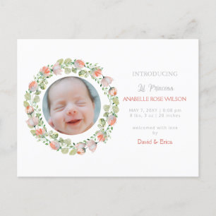 Floral Blooms Cute Girl Photo Birth Announcement Postcard