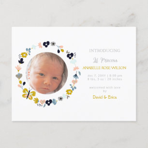 Floral Blooms Cute Girl Photo Birth Announcement Postcard