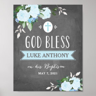 Floral Blooms God Bless Baptism Sign Chalk Blue
