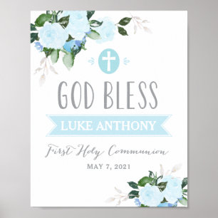 Floral Blooms God Bless Communion Sign Blue