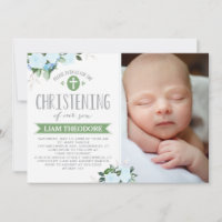 Floral Blooms Green | Christening Invitation