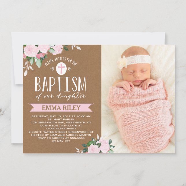 Floral Blooms Kraft | Baby Girl Baptism Invitation (Front)