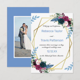 Floral Blooms Mod Blue Photo -3x5 Wedding Announce Invitation