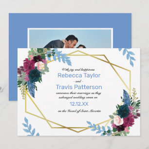 Floral Blooms Mod Blue Photo -Wedding Announcement