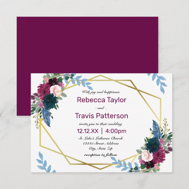 Floral Blooms Mod Plum - 3x5 Wedding Invitation (Front/Back)