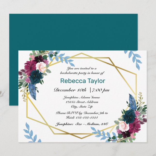 Floral Blooms Mod Teal - Bachelorette Party Invitation (Front/Back)