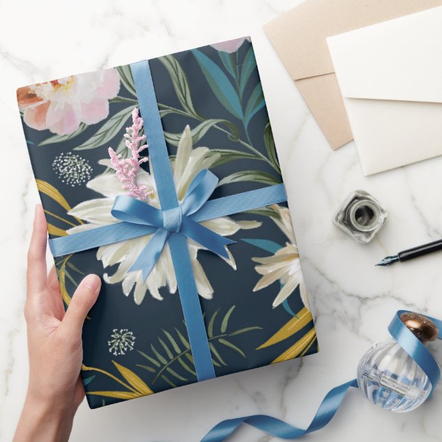 Floral Blooms Navy Painted Large Scale Flowers Wrapping Paper (Gifting)