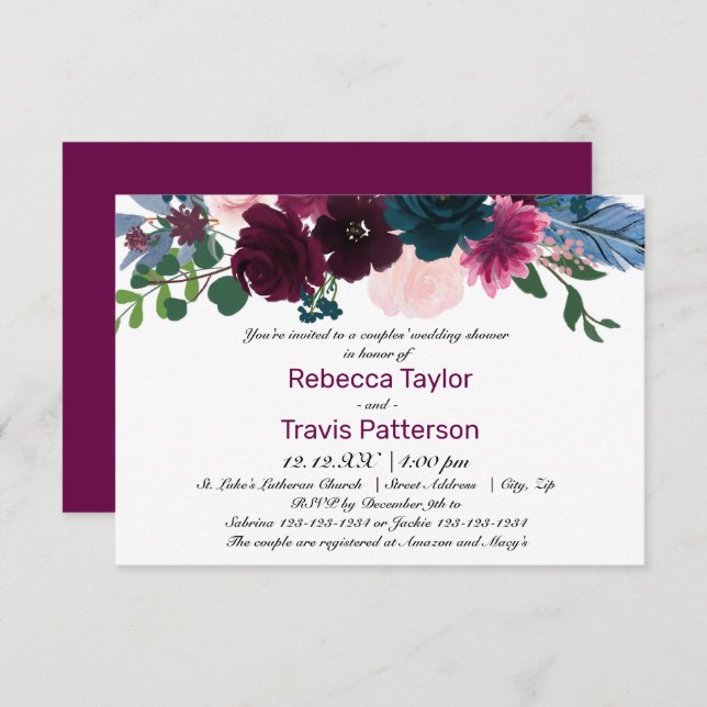 Floral Blooms Plum - 3x5 Couples' Wedding Shower Invitation (Front/Back)