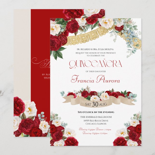 Floral Blooms Red & White Gold Fancy Quinceañera  Invitation (Front/Back)