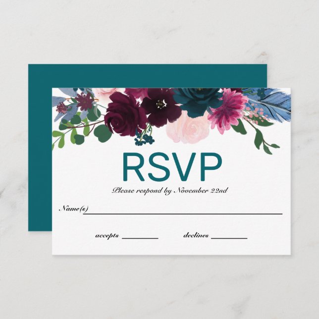 Floral Blooms Teal - RSVP Invitation (Front/Back)